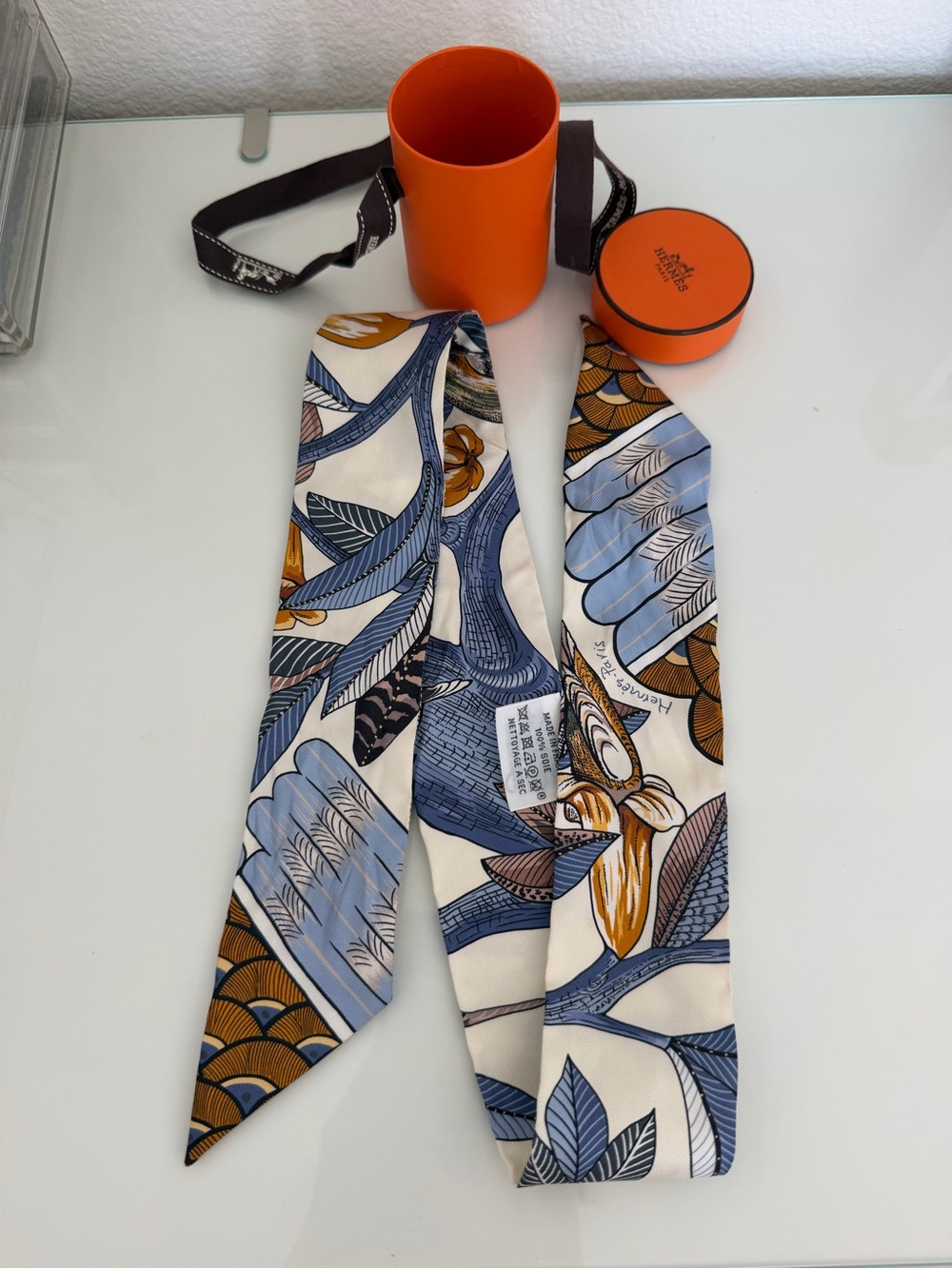 Hermès Tree of Song Silk Twilly Scarf in Blue and Gold